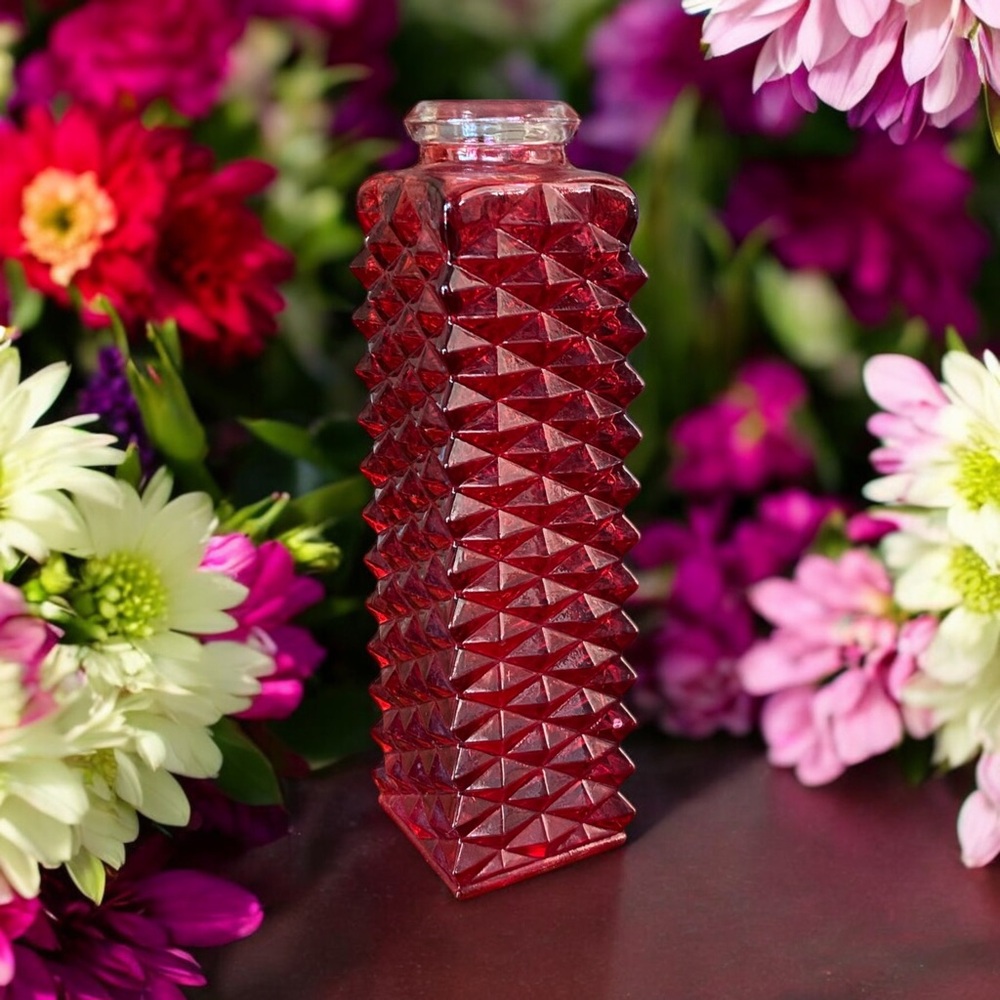 Vintage FTD Red Faceted Glass Square Bud Vase 1980 Diamond Point 6.5"